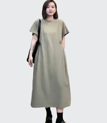 🍒Relaxed fit women’s dress with side pockets lazy style short sleeve outfit for summer loose slimming round neck dress with pockets and button waist tabs a-line plus size fashion  Longline Loosy Love