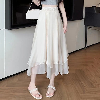 🍒Midi long skirt elastic waist ladies spring summer womens fashion  a-line clothing Female chiffon skirt outfit smart casual clothing party occasion wear Lavish In Layers