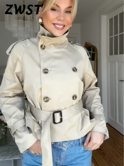 🍒Flared sleeve jacket belt coat for women elegant stand collar double breasted coat long sleeved outerwear female autumn winter fashion commuter keep abreast of belted double breast