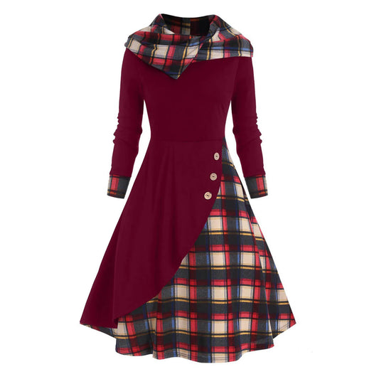 🍒Hooded dress button plaid patchwork outfit womens warm clothes autumn winter fashion high waist long sleeve casual midi Please Purchase Plaids