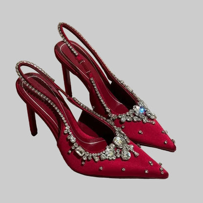 🍒Diamond satin slingback heels womens pointed toe pumps elegant stiletto high heels occasion shoes wedding party dress shoes 'Whine In Your Wines