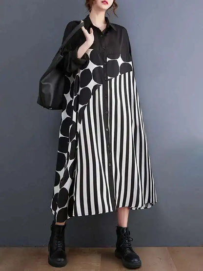 🍒Black polka dot a-line dress plus size Asymmetry shirt dress midi women's long sleeve summer outfits fashion smart casual Get An Angle On A- Triangle
