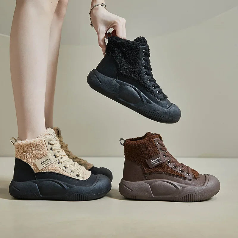 🍒Plush boots thickened sole snow boots with (Outer Fleece) comfortable wear-resistant warm thick-soled shoes for ladies trendy lace up shoes casual walking footwear for women Buy Into Bootie Beauties