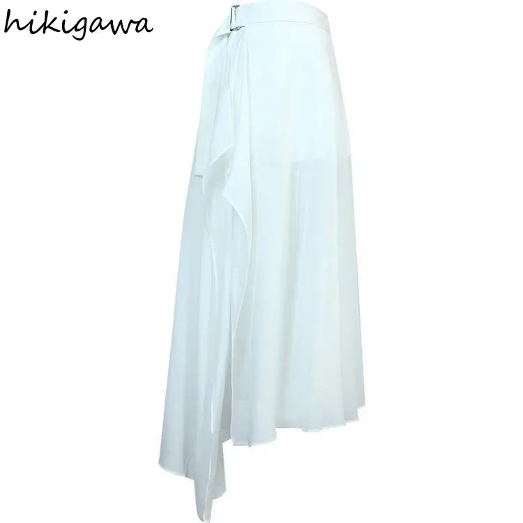 🍒White chiffon skirt maxi fashion mixed media for Women temperament summer high waist mesh fashion chic patchwork inner and outer mesh  occasion party wear Not Short Of Transparency