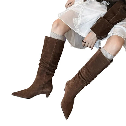 🍒Autumn winter womens footwear cow suede leather heeled boots pointed toe high heel slip-on knee high western footwear No Per-SUEDEing Neccessary