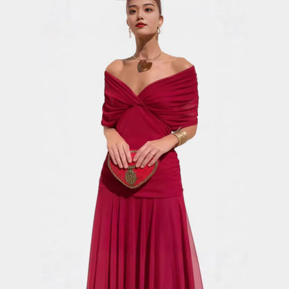 🍒Spring summer printed v-neck mesh off-shoulder dress versatile party outfits for vacation and weddings smart casual chiffon evening dress for women solid feminine clothing Off The Charts Off Shoulder