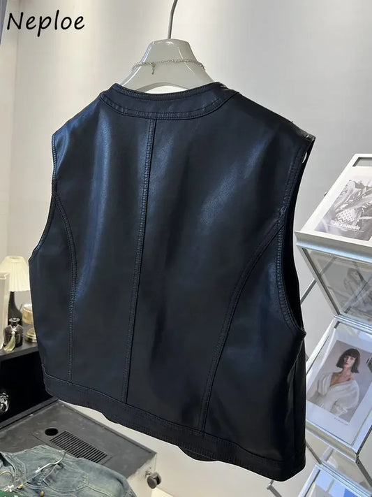 🍒Leather vest women chic clothing streetwear fashion style Y2K waist coat sleeveless moto jacket buttoned cute tank smart casual clothes party occasion wear Look Leather Lovely
