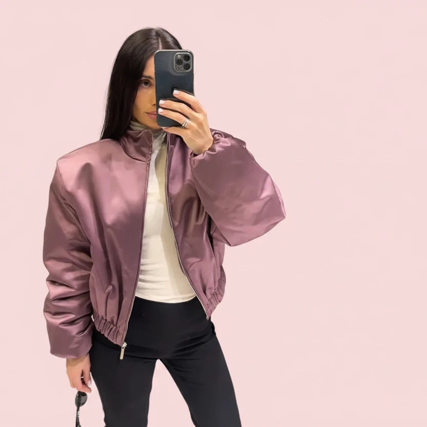 🍒Long sleeve bomber jacket women zipper with stand collar outerwear short casual coat solid chic female sateen clothing fashion   Get Into Mauve