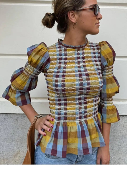 🍒Vintage plaid tops elastic pleated shirt women casual clothes o-neck long sleeves ruffle hem top chic fashion high streetwear smart casual clothing