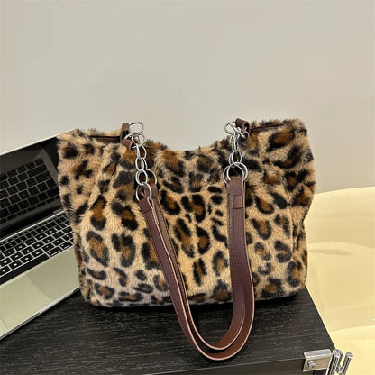 🍒Leopard print tote bag large capacity over shoulder bag fur shopper bag women's faux fur handbags for college Carry Animal