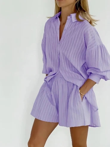 🍒Women's fashion two piece Set outfit striped puff sleeve shirt and shorts matching set casual clothes Feel Cool In This Airy Pair