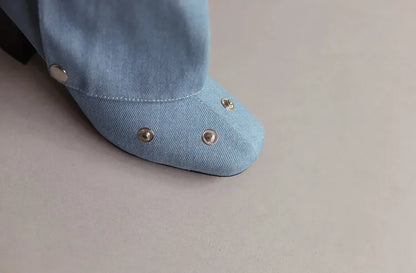 🍒Denim boots for Women blue multi snap-fastener pleated shoes with zip wide calf length boots winter footwear Cute Cowboy