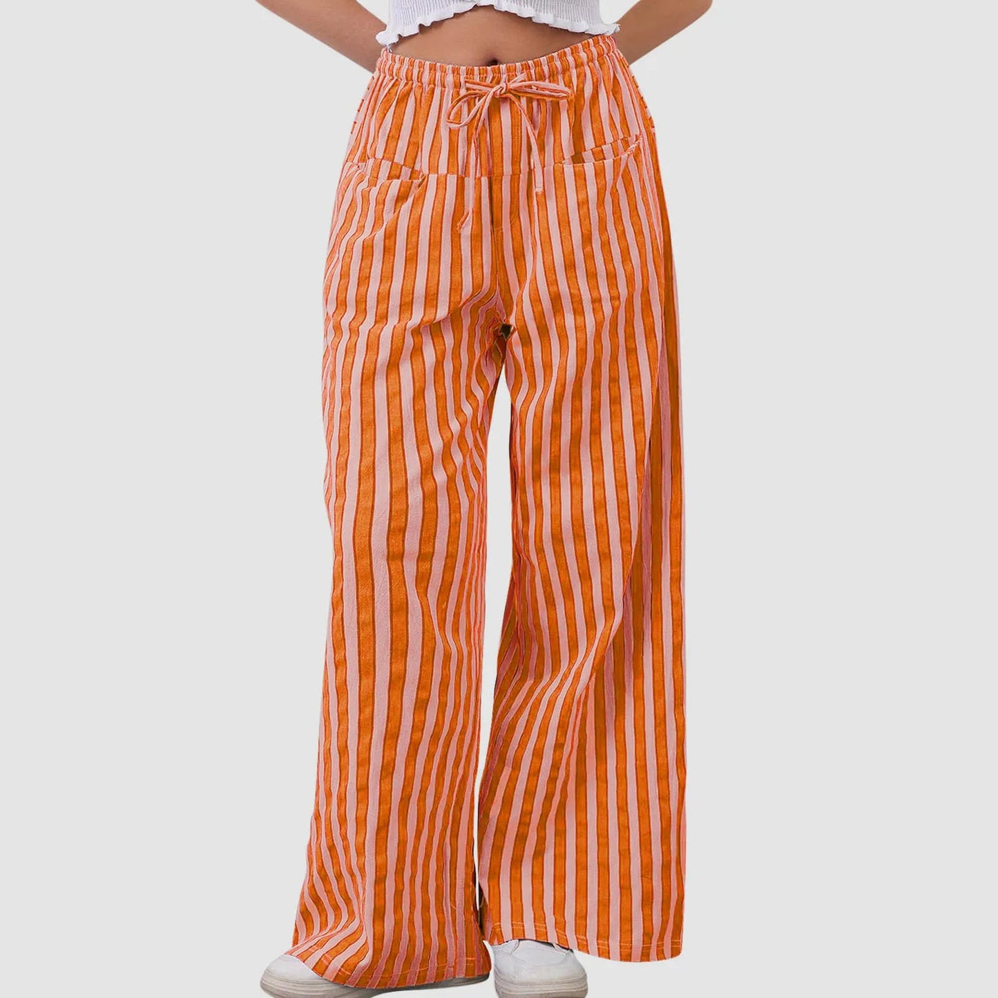 🍒Stripe wide leg pants high waist ealstic trousers drawstring wide leg baggy bottoms womens casual high street clothing with pocket Get slouchy In Stripy Slacks