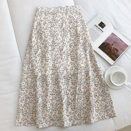 🍒Vintage floral midi skirt summer high waist fashion wear flor Woman ditsy print clothing Versatile wear casual clothes Versatile Print Mint Vint
