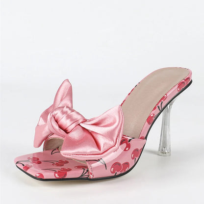 🍒Transparent heeled slippers For Woman colourful silk bowknot design heels party wear sandal shoes occasion footwear fashion cherry pattern mules slides Present A Bow To You
