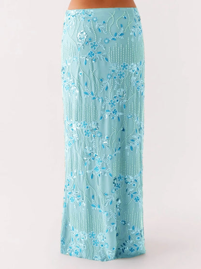 🍒Sequin maxi skirt high waist sparkle pearl embellished long  skirt for women glitter rhinestone fashion going out club clothes You Dont Need To Be At A Seaside ROCK This SWEET