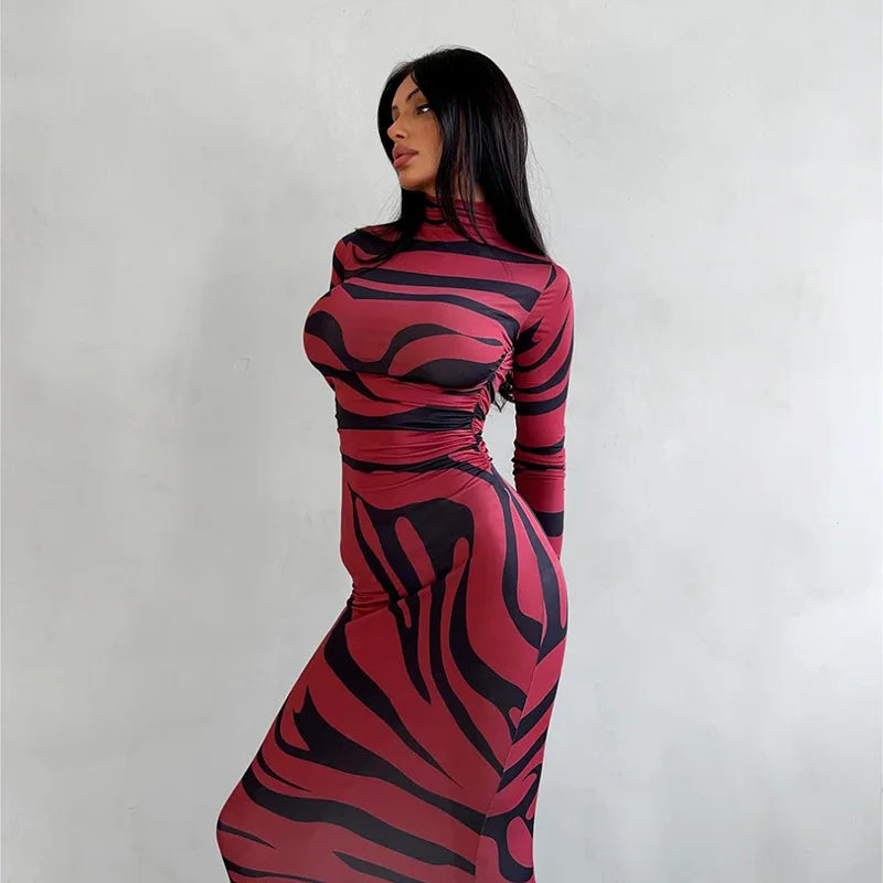 🍒Red striped long dress womens bodycon turtle neck zebra print mesh outfit clubwear party occasion wear clothing                       Catwalk Your Tiger