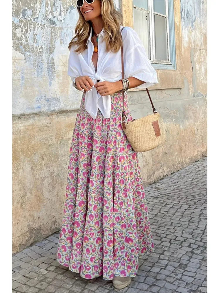 🍒Printed summer skirt boho summer fashions casual wear clothing beach party clothes loose a-line travel skirt elegant bohemian style wear Peacock In Pretty Pinks