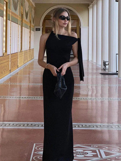 🍒Asymetric neck maxi dress long fitted temperament occasion party wear body con simple tie dresses for evening keep Aside The Side Side Tie