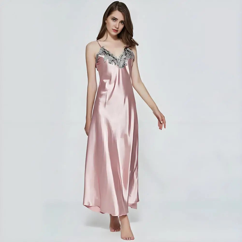 🍒Satin sleepwear for women house sleepwear dress gown wth spaghetti strap loose lingerie lace trim nightwear elegant maxi sleepwear chemise nightdress with v neck front and back Luxurate Lovely Lingerie Luxurate