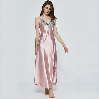 🍒Satin sleepwear for women house sleepwear dress gown wth spaghetti strap loose lingerie lace trim nightwear elegant maxi sleepwear chemise nightdress with v neck front and back Luxurate Lovely Lingerie Luxurate