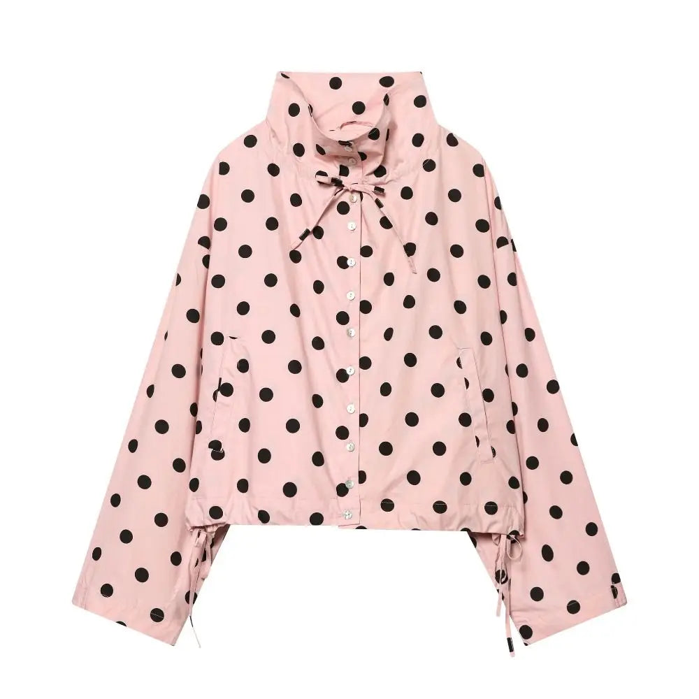 🍒Polka dot fashion pink Jackets spring/summer clothing printed loose cover up jacket top with stand collar chic casual clothing with drawstring detail  Bring Spring Sweet Thing