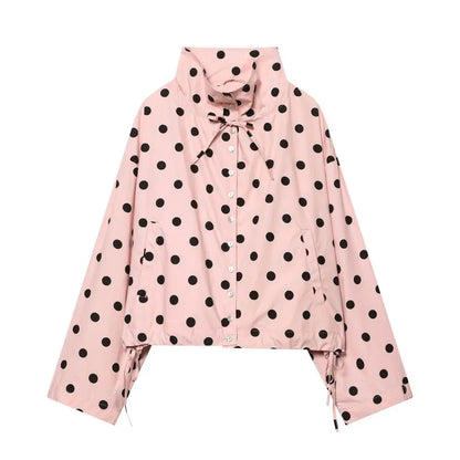 🍒Polka dot fashion pink Jackets spring/summer clothing printed loose cover up jacket top with stand collar chic casual clothing with drawstring detail  Bring Spring Sweet Thing