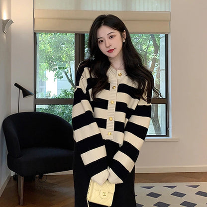🍒Striped womens cardigan Y2K asthetics sweet knitted jacket retro long sleeve sweater weather clothes spring autumn wear loose casual crop tops Cherri And Cream Stripe Delight