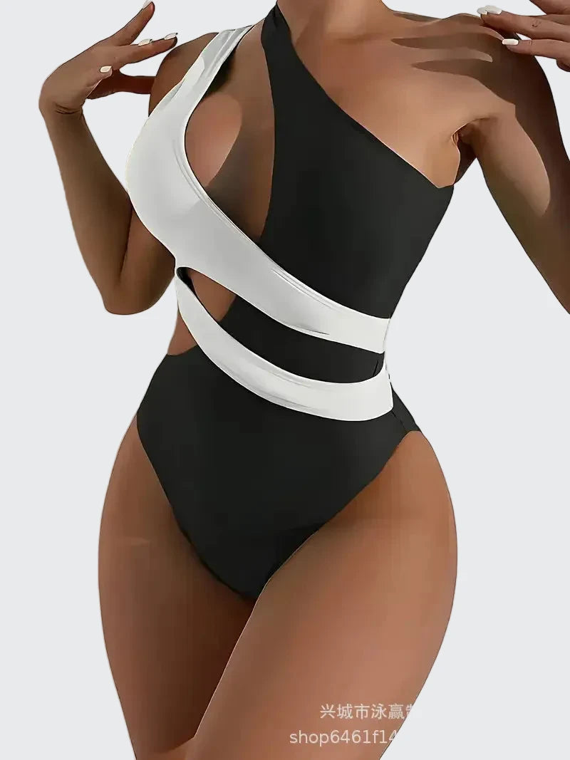 🍒One-piece swimsuit colour block collision single shoulder bathing suit strap design high eastic backless swimwear type european style swimming costume with tie straps  SHOREly CHIC