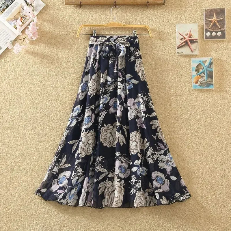 🍒Chiffon a-line skirt high waist long smart casual women trend modest vintage clothing quality fashion wear Floor-all With This Floral