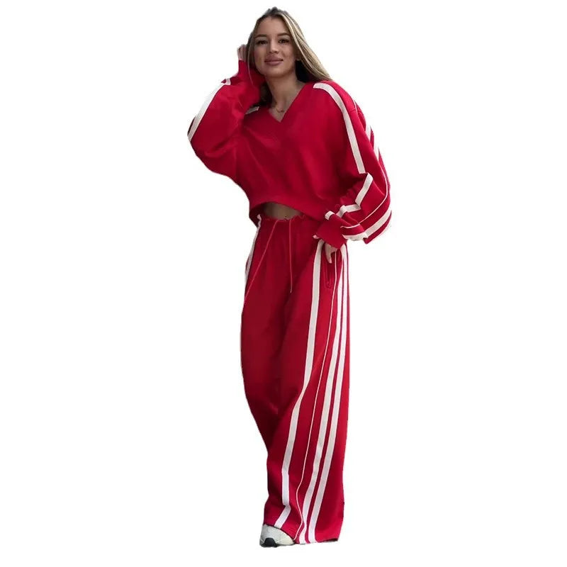 🍒Women two piece pant sets stripe sleeve sweatshirt loose v-neck top and wide stripe leg trousers sporty crop top tracksuit summer autumn wide leg pants with drawstring waist Sport A cheerful Cherri