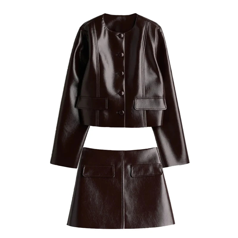 🍒Leather short skirt set women Y2K long sleeve pu jacket and mini skirt suits women's high street fashion smart casual outfits
