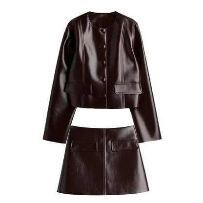 🍒Leather short skirt set women Y2K long sleeve pu jacket and mini skirt suits women's high street fashion smart casual outfits