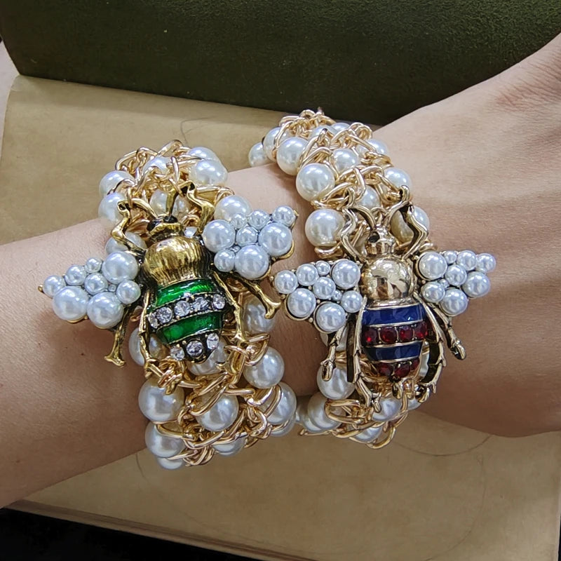 🍒Elastic pearl bracelet women's adjustable crystal bee bracelet  bangle party jewellery for occasions gift smart casual accessories Nice To Bee ' Wear