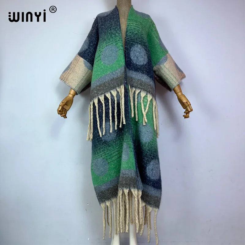 🍒winter coat for women fashion print long outdoor cardigan with  tassels luxury knitted overcoat thick europe warm long knit jacket cardigan Hot Spot