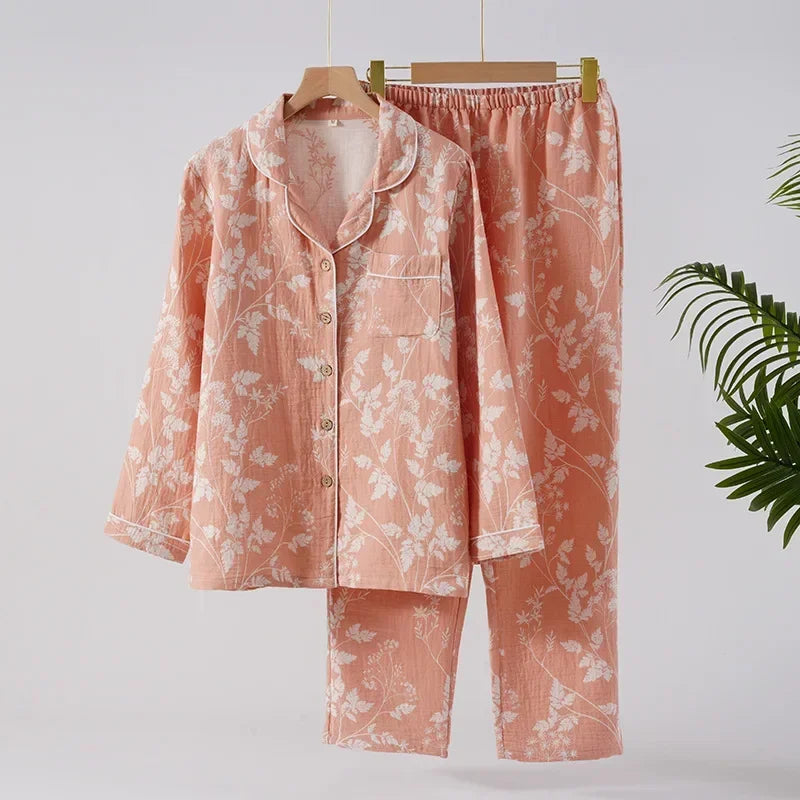 🍒Pyjama set 100% Cotton women's two piece nightwear jacquard long sleeve top and elasticated long pants loose loungewear set Pick This Leaf