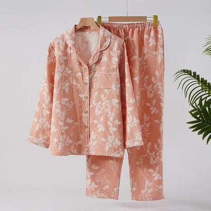🍒Pyjama set 100% Cotton women's two piece nightwear jacquard long sleeve top and elasticated long pants loose loungewear set Pick This Leaf