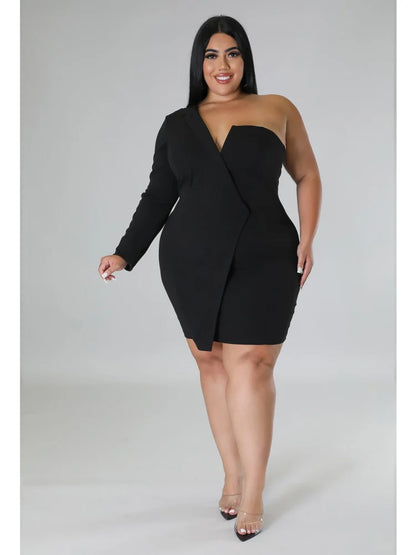 🍒One shoulder plus size dress wedding guest party outfit women v-neck single long sleeve solid suit dress mini occasion clothing Be Redy And Fresh In A Cool Dress