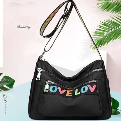 🍒Womens handbag oxford fabric bag large capacity crossbody with multiple compartments fashion accessory casual carry bag with colourful font Get A Handle On Love