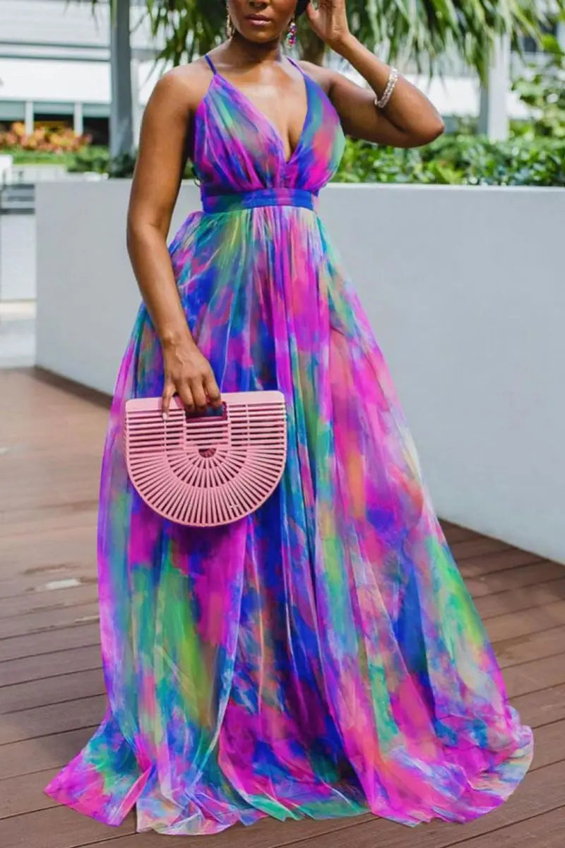 🍒Printed mesh maxi dress sleeveless high street fashion outfit for women long maxi frocks occasion partywear Cool Out In A Pool