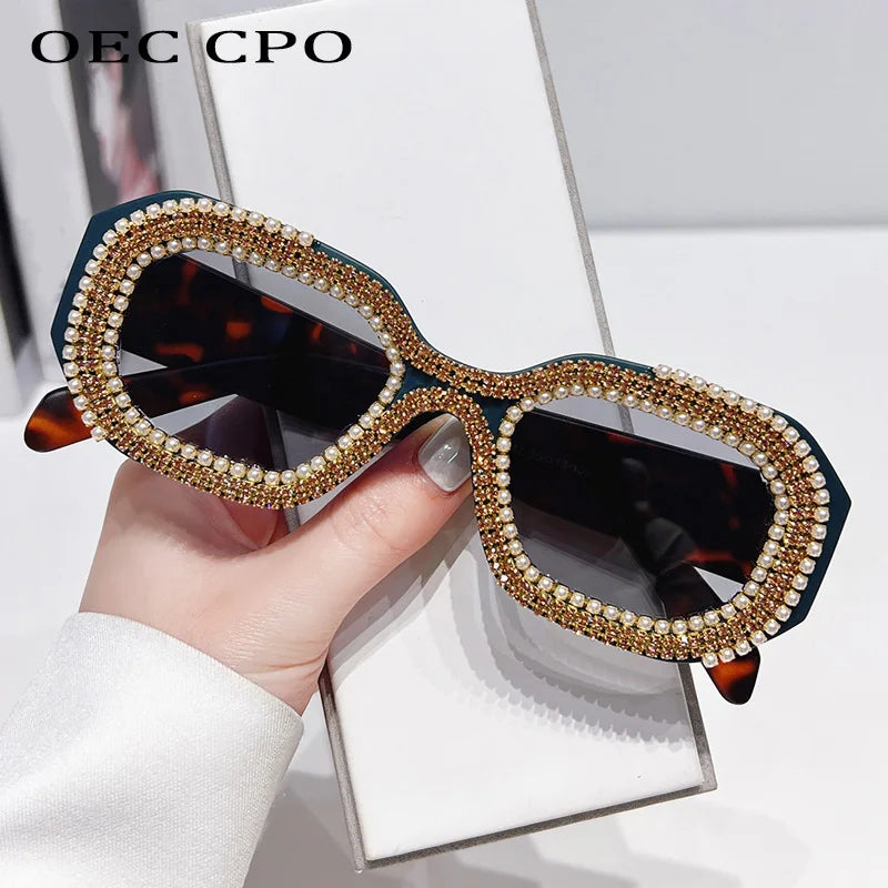🍒Diamond square sunglasses with pearls women fashion luxury rhinestone trendy shades for women female sun shades polygon eyewear for women uv 400 protection Have Your Say In A Pearly Cool Way