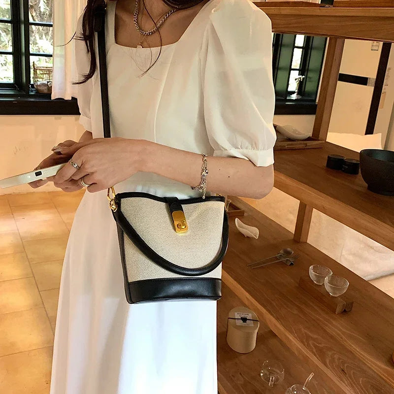 🍒Womens canvas bucket bag fashion light handbags light twist close crossbody bag smart casual accesories design purse Nifty Twister