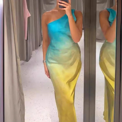 🍒Gradient dress women one shoulder dress maxi backless gown with design straps occasion party wear sleeveless outfit high waist evening wear Get Sunset Ready