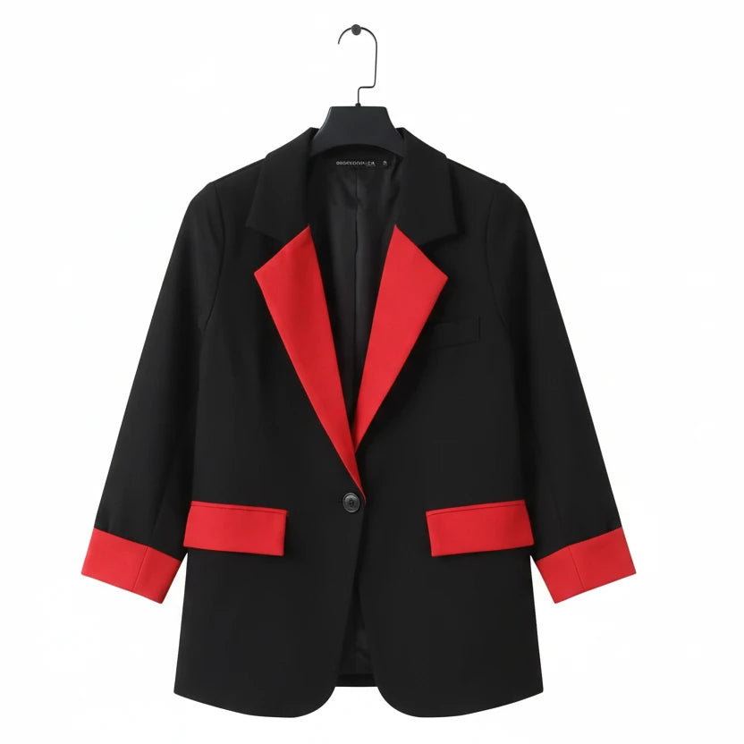 🍒Fashion blazer jacket spring autumn long sleeves black jacket contrast patchwork office cothes for women outerwear smart casual suit coat female chic fashion   Turn Up In Your Contrast