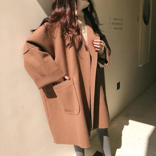 🍒Winter wool trench coat women mid to long loose and versatile simple fashion clothes oversize coat jacket smart casual outerwear women Pocket a cool Jacket