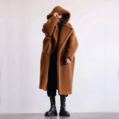 🍒Womens faux fur coat hooded midi lapel collar coat turn down collar coat colourful outerwear fashion open stitch elegant Warm thick autumn winter wear Feel Like A Bear In A Teddy