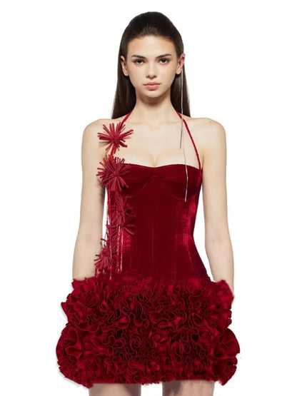 🍒Women's skirt two piece set halter corset top 3d floral outfit corset top with matching skirt mini lace-up back bustier suits celebrity party wear COCK -ya TAIL Cothes