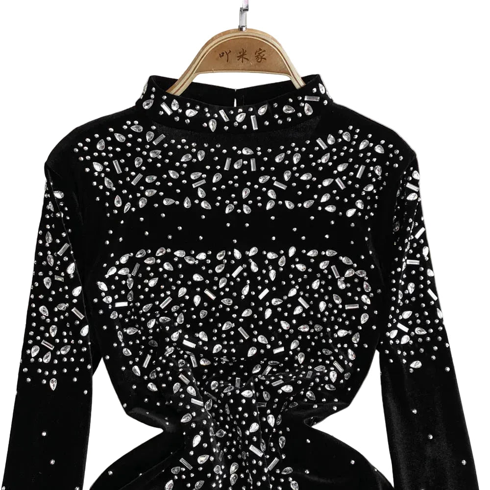 🍒Bodycon o-neck long sleeve dress glitter rhinestone outfit velvet chic vintage style clothing chic autumn fall fashion party occasion wear Get Wine Stoned