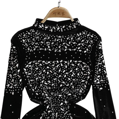 🍒Bodycon o-neck long sleeve dress glitter rhinestone outfit velvet chic vintage style clothing chic autumn fall fashion party occasion wear Get Wine Stoned