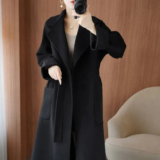 🍒100% wool coat for women autumn/winter fashion double sided cashmere coat with belt elegant long overcoat smart casual outerwear Warmup In Wool